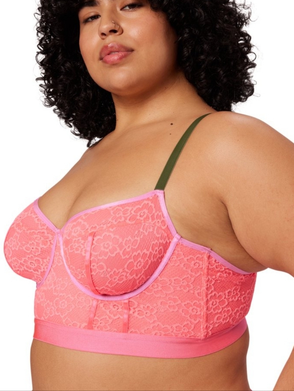 Parade Comfort Sculpt Bustier Bra Hot Pink Floral Lace Green Straps Dainty XL